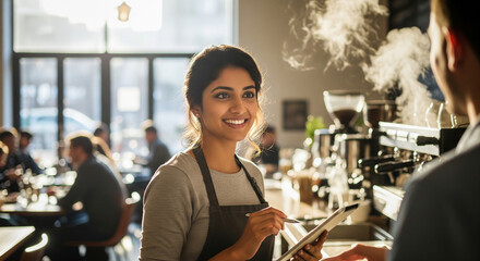 Smiling barista taking order using digital tablet in cafe