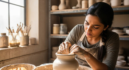 Woman shaping clay pot on pottery wheel