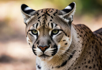 Obraz premium Close-up portrait of a wild puma with intense gaze and spotted tawny fur, captured in natural light against a blurred earthy background, showcasing wildlife elegance and feline power.