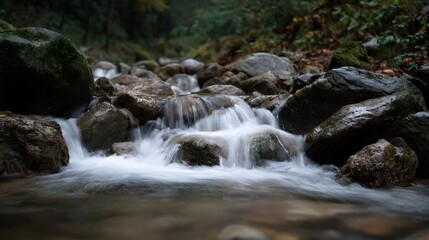 Fototapeta premium A serene forest stream flows over wet rocks with a motion blur effect