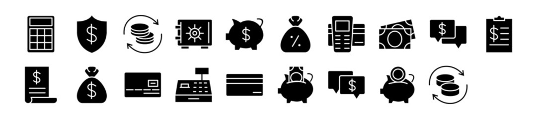 Banking Vector Icon Set Wallet ATM Piggy Bank Credit Card Mobile Payment Cash Savings Transaction Finance Money Receipt Checkout Currency Deposit