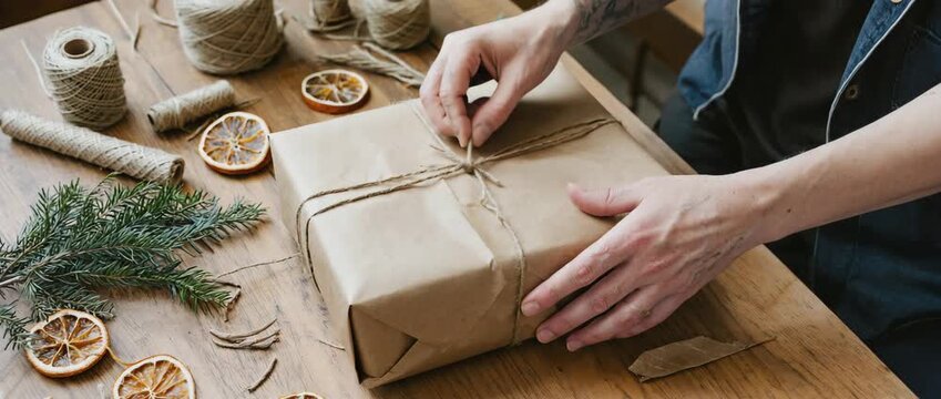 Hands tie kraft paper and twine around a present on a rustic table with dried oranges and fir. Eco gift wrap and small business branding