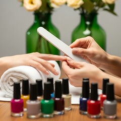 Close up of nail technician shaping a client's fingernail with a file for manicure