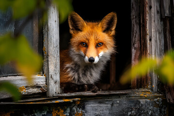 Fototapeta premium Alert fox peers out from a weathered window frame in a dimly lit rustic environment