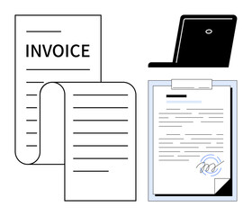 Invoice with detailed lines, signed document on clipboard, laptop. Ideal for finance, e-documents, contracts, approvals, e-signatures workflow simplicity. Quick flat metaphor