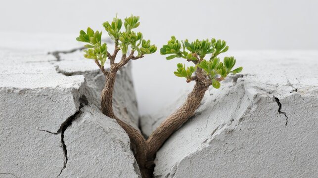 growth through failure style. A small tree grows through a crack in concrete.