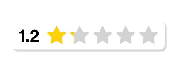 Rating bar with numeric label 1.2 in flat white rectangular style, extremely low review feedback score showing 1.2 stars, PNG with transparent background