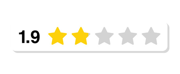 Rating bar with numeric label 1.9 in flat white rectangular design, poor customer review feedback score showing 1.9 stars, PNG with transparent background