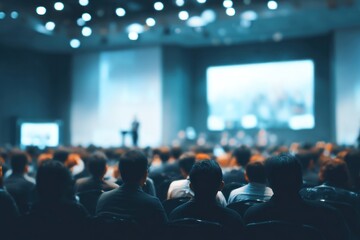 Blurred image of an audience attending a presentation at a conference hall, with a screen in focus
