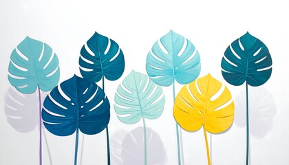 Colorful Monstera Leaves in Various Shades with White Background