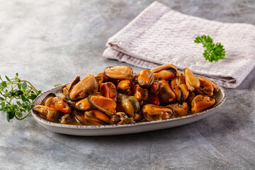 Peeled mussels heap in the bowl