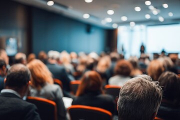 Blurred shot of an audience in a conference room, facing a presenter on stage