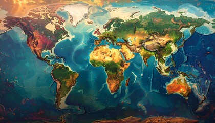 Colorful Illustration of the World Map with Realistic Relief and Texture