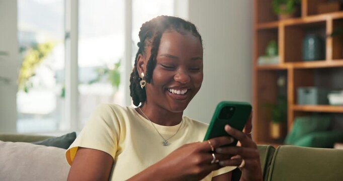 Phone, smile and typing with black woman on sofa in living room of home for post or update. App, browsing and social media with happy African person in apartment for break, communication or me time