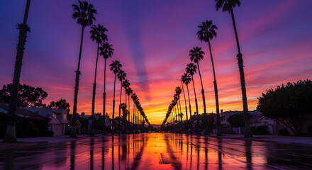 Sunset over palm trees reflected in wet street with colorful sky