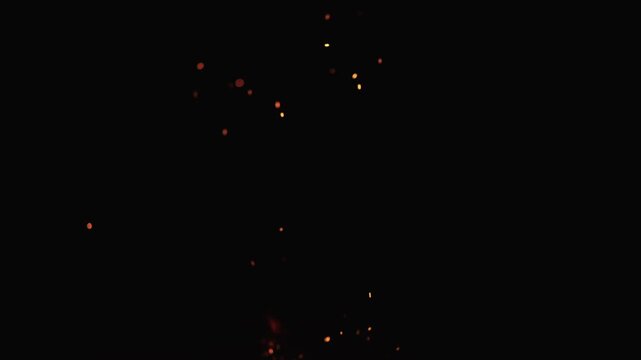 Slow motion of sparks and embers from campfire flying over black background