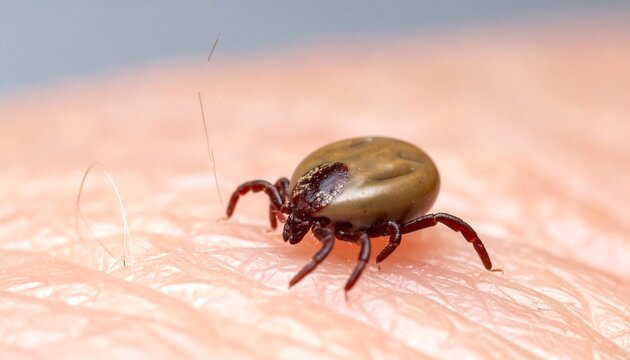 Close-up image of a tick on human skin, highlighting parasite details