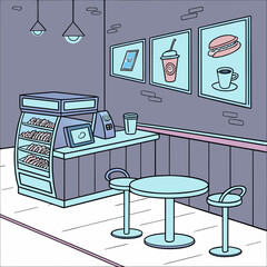 A cozy cartoon cafe interior with a display case of pastries a counter with coffee and drinks and a small table with stools