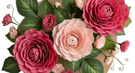 Closeup of lush pink and red roses with green leaves and buds