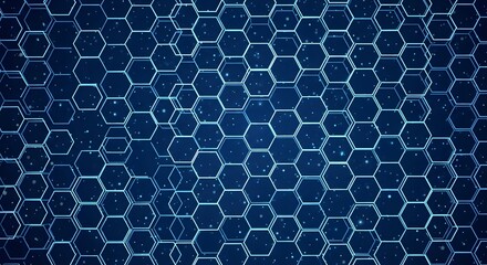 A deep blue background with a repeating pattern of interconnected hexagonal shapes, creating a futuristic and technological feel.