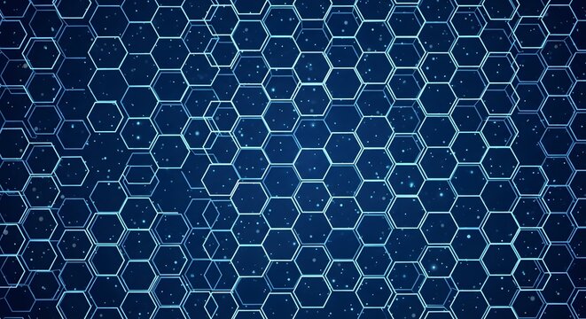 A deep blue background with a repeating pattern of interconnected hexagonal shapes, creating a futuristic and technological feel.