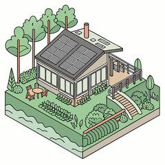 Modern isometric house with solar panels on the roof surrounded by trees and a garden overlooking a body of water