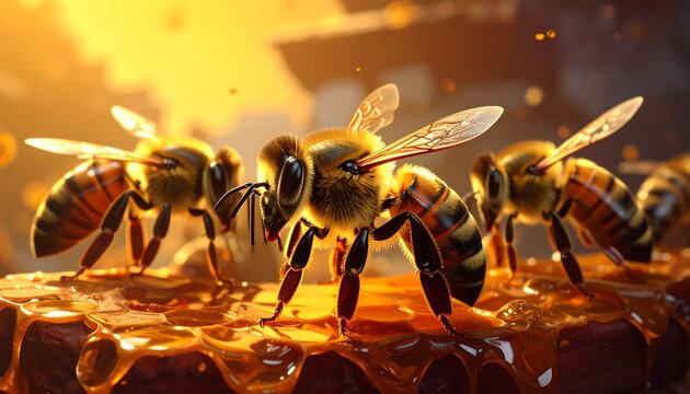 Close-up image of honeybees on a honeycomb in a natural environment - Powered by Adobe