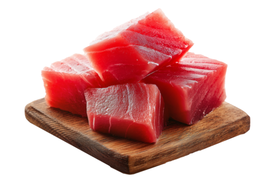 Fresh raw tuna cubes Micronesian sashimi isolated on white transparent background, representing seafood freshness.