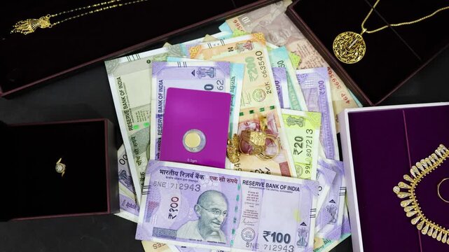 Indian Rupee Banknotes With Jewelry And Gold Coin