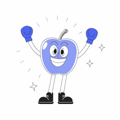 Smiling Blue Apple Cartoon Character with Boxing Gloves and Sparkles