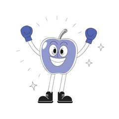 Smiling Blue Apple Cartoon Character with Boxing Gloves and Sparkles