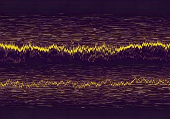 Abstract yellow sound wave or data signal visualization on a dark purple textured background.