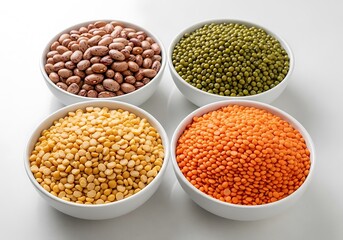 Obraz premium Four bowls of assorted legumes and lentils on a white background