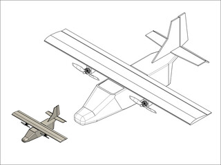 Detailed engineering drawings show 3D views of a simple airplane for aviation and flight visualization