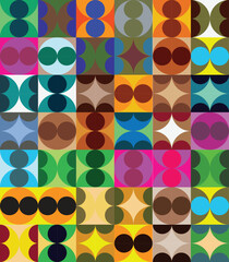 Colorful geometric pattern featuring semi circles and squares in vibrant shades of green, blue, red, and pink retro modern design.
