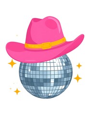 A shiny disco ball wearing a bright pink cowboy hat