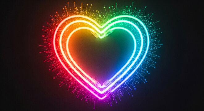 A vibrant neon heart glows with rainbow colors, radiating love and light against a dark backdrop, symbolizing affection and celebration