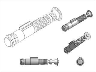 Detailed engineering drawings show 3D views of a futuristic light saber with its advanced weapon design
