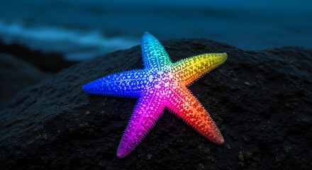 A colorful starfish rests on a dark rock, its vibrant hues contrasting with the ocean backdrop, showcasing natures beauty