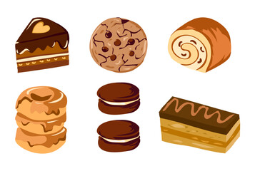 Chocolate and Caramel Pastry Vector Set. Cake, Cookie, Donut, Macaron, Roll, Dessert Illustration
