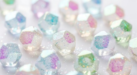 Closeup of sparkling faceted crystal beads in pastel colors with glitter