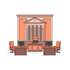 Courtroom interior with judge at desk and computer monitors  