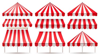 Collection of Red and White Striped Canopies and Awnings on a White Background