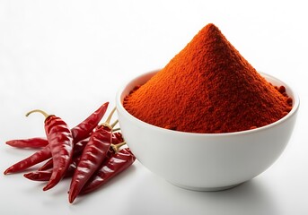 Vibrant red chili powder piled high next to dried red chilies