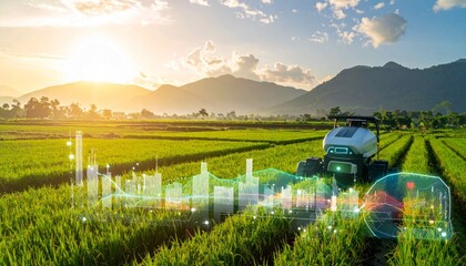 Overlapping digital graphics show real-time data analysis and monitoring, illustrating the integration of advanced technologies for a sustainable and efficient future of agriculture