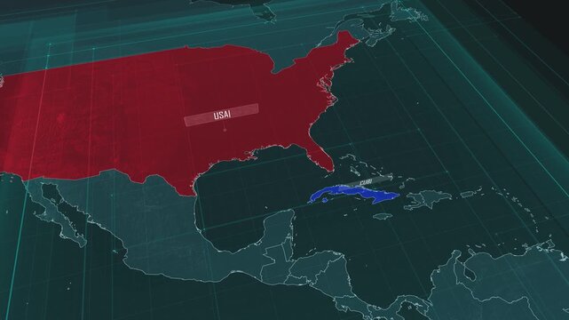Zoom in to the map of United States of America and Cuba, with text and textless