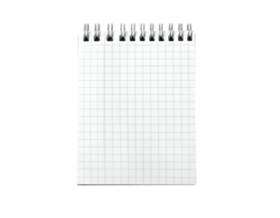 A small rectangular notebook with a grid pattern and spiral binding