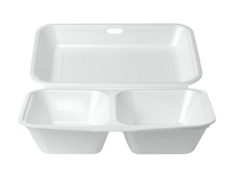 Open, white, clamshell food container with two compartments