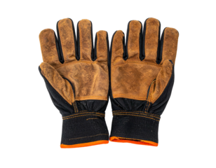 Two work gloves with brown leather palms, black fabric, & orange accents
