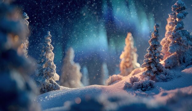 Snowy landscape featuring three pink trees against a frosty field at twilight